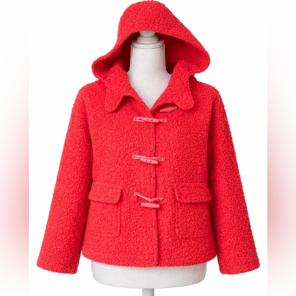 Opening Ceremony red hooded teddy fleece, rubber toggle buttons. 4